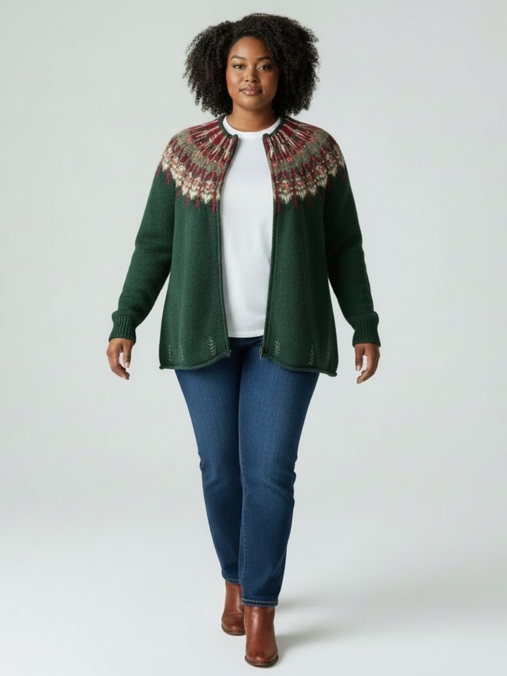 Susan Bristol Angora Blend Fair Isle Beaded Zip Front Cardigan Sweater Green PL - Picture 2 of 10
